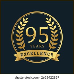 Comemore 95 anos de excelência com este distintivo de aniversário de ouro premium. Com uma textura de folha de ouro rica e coroas de louro elegantes, este distintivo vetorial é perfeito para comemorar o ac corporativo