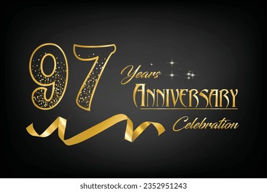 Celebrate the 97th anniversary with gold letters, gold ribbons and confetti on a dark background