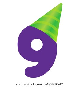 Celebrate 9th Anniversary with purple colored number 9 wearing Green party hat. Vector cartoon number 9 in birthday hat. Use for birthdays, weddings, company anniversaries. 