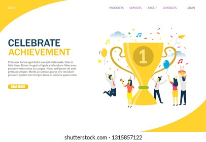 Celebrate achievement vector website template, web page and landing page design for website and mobile site development. Business team success. Group of people celebrating win and accomplishments.