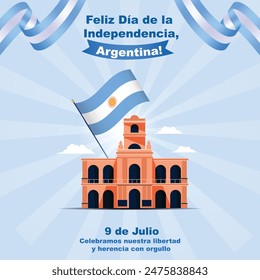 Celebrate Argentina Independence Day with this vibrant design featuring the Cabildo, national flag, and festive ribbons. Perfect for patriotic events!