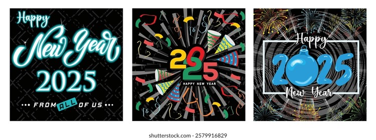 Celebrate the arrival of 2025 with a dazzling Happy New Year greeting. Decorative hats, symbolizing festivity, joy, and the start of a new chapter. 