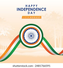 Celebrate with the Ashoka Chakra surrounded by the Indian national flag, set against a light orange background, adorned with vector trees, symbolizing growth, unity, and the nation's rich heritage.