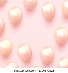 Celebrate background with festive realistic balloons with ribbon. Celebration design with baloon, color pink.