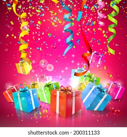 Celebrate background with gift boxes and confetti 