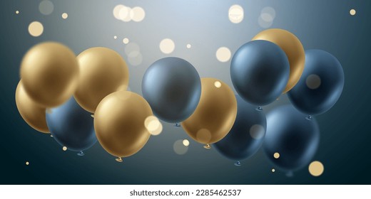 Celebrate background with golden and blue balloons flying. IllustrationVector3D