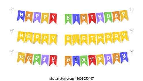 Celebrate background. Party colorful flags. Bunting flags banner with happy birthday letters. Vector illustration.