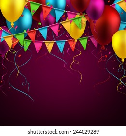 Celebrate background. Party flags with confetti. Realistic balloons. Vector illustration. 