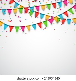 Celebrate background. Party flags with confetti. Vector illustration. 