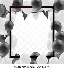 Celebrate background. Party flags with confetti. Realistic balloons. Vector illustration. 