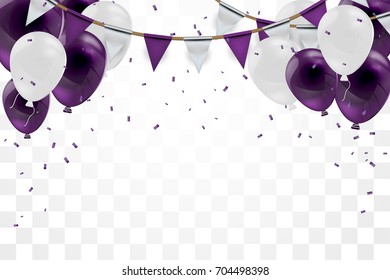 Celebrate background. Party flags with confetti. Realistic balloons. Vector illustration. 