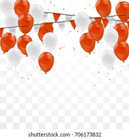 Celebrate background. Party flags with confetti. Realistic balloons. Vector illustration. 