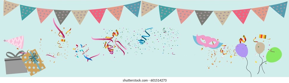 Celebrate background. Party flags with confetti.Balloons banner sign for you design.Vector illustration eps10