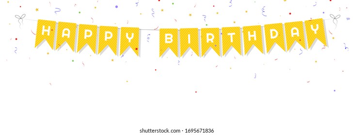 Celebrate background. Party yellow flags. Bunting flags banner with happy birthday letters. Vector illustration.