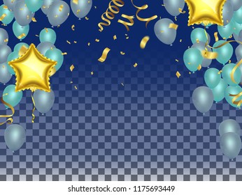 Celebrate balloons and star balloons. Holiday celebration elements. Bright helium flying balloons isolated bunch, group of party decor objects in spectrum rainbow colors.