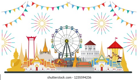 Celebrate in Bangkok and across Thailand. with attractions, landmark. vector illustration