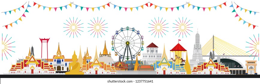 Celebrate in Bangkok and across Thailand. with attractions, landmark. flat design