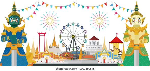 Celebrate in Bangkok and across Thailand. with attractions, landmark. vector illustration