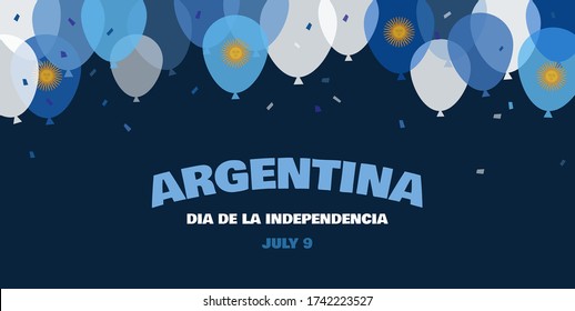 Celebrate banner of the independence day of Argentina, july 9. Happy independence day banner. Celebration banner with flying balloons in Argentina flag colors.