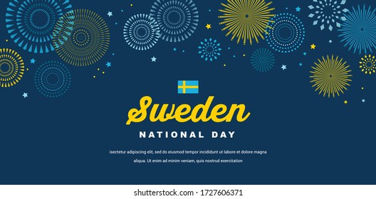 Celebrate banner of the national day of Sweden. Happy independence day banner. Celebration banner with fireworks in Swedish flag colors.