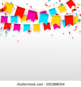 Celebrate banner. Party flags with confetti and balloons. Vector illustration.