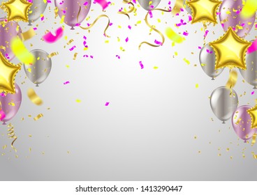 Celebrate banner. Party flags with confetti. Vector illustration design template. Happy holiday of Falling Shiny