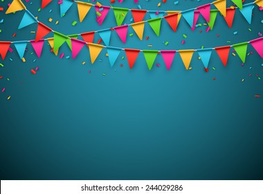 Celebrate banner. Party flags with confetti. Vector illustration.