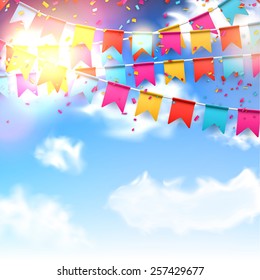 Celebrate banner. Party flags with confetti over blue sky. Vector illustration. 