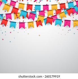 Celebrate banner. Party flags with confetti. Vector illustration. 