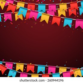 Celebrate banner. Party flags with confetti. Vector illustration. 