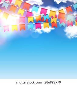 Celebrate banner. Party flags with confetti over blue sky. Vector illustration.