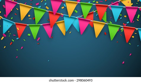 Celebrate banner. Party flags with confetti. Vector illustration. 