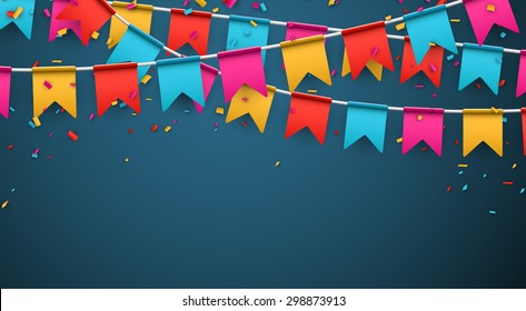 Celebrate banner. Party flags with confetti. Vector illustration.