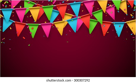 Celebrate banner. Party flags with confetti. Vector illustration. 