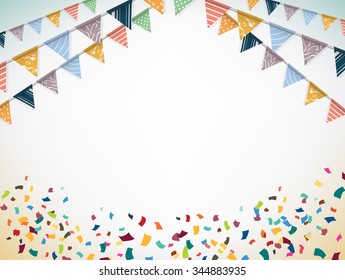 Celebrate banner. Party flags with confetti. Vector illustration.