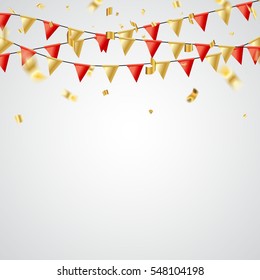 Celebrate banner. Party flags with confetti.