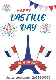 Celebre o Dia da Bastilha com o espírito festivo francês! Com Torre Eiffel, fogos de artifício, bandeiras e decorações patrióticas para a celebração do 14 de julho.