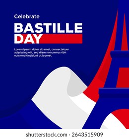 Celebrate Bastille Day social media post template with illustration of Eiffel tower and France flag with minimalist and flat design on dark blue background