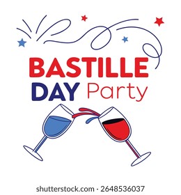 Celebrate Bastille Day with this vibrant graphic featuring two wine glasses clinking, filled with red and blue liquids, symbolizing the French flag. Festive stars and swirling lines add a celebratory