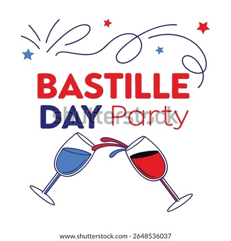 Celebrate Bastille Day with this vibrant graphic featuring two wine glasses clinking, filled with red and blue liquids, symbolizing the French flag. Festive stars and swirling lines add a celebratory