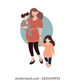 Celebrate the beauty of motherhood with this warm and modern illustration of a mother holding a baby and walking with a child. A heartwarming gift for moms or a gentle addition to  family space decor