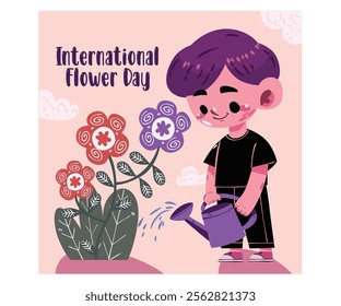 Celebrate the beauty of nature with this charming vector illustration for International Flower Day, featuring an endearing character surrounded by vibrant blooms