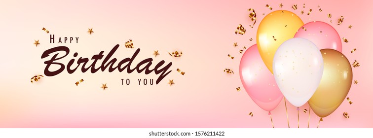 Celebrate birthday template. Pink Background with realistic balloons with gold confetti. Design with balloon, color pink, gold and white, gold serpentine, stars. Happy birthday to you.