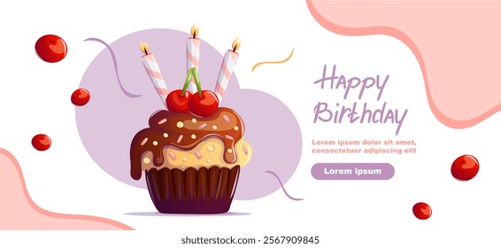 Celebrate birthdays in style with a festive banner featuring a Banana Split cupcake topped with chocolate frosting, colorful sprinkles, and three lit candles. Perfect for cheerful party designs!