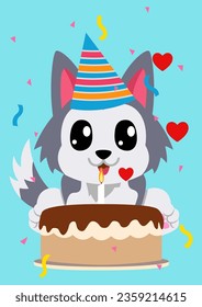 Celebrate birthdays with this delightful flat vector illustration featuring an adorable cartoon husky dog wearing a birthday hat and sitting in front to a birthday cake