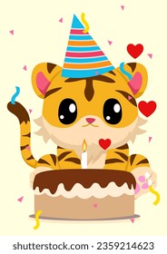 Celebrate birthdays with this delightful flat vector illustration featuring an adorable cartoon tiger wearing a birthday hat and sitting in front to a birthday cake