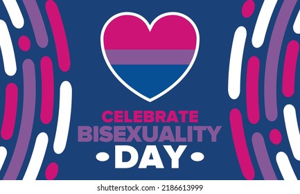 Celebrate Bisexuality Day. Bisexual Pride and Bi Visibility Day. Bisexual flag. Coming out. Celebrated annual in September 23. Festival and parade. Poster, card, banner, template, background. Vector