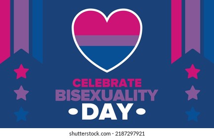 Celebrate Bisexuality Day. Bisexual Pride and Bi Visibility Day. Bisexual flag. Coming out. Celebrated annual in September 23. Festival and parade. Poster, card, banner, template, background. Vector