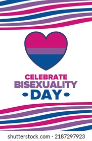 Celebrate Bisexuality Day. Bisexual Pride and Bi Visibility Day. Bisexual flag. Coming out. Celebrated annual in September 23. Festival and parade. Poster, card, banner, template, background. Vector
