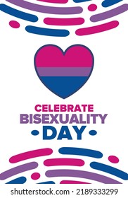 Celebrate Bisexuality Day. Bisexual Pride and Bi Visibility Day. Bisexual flag. Coming out. Celebrated annual in September 23. Festival and parade. Poster, card, banner, template, background. Vector